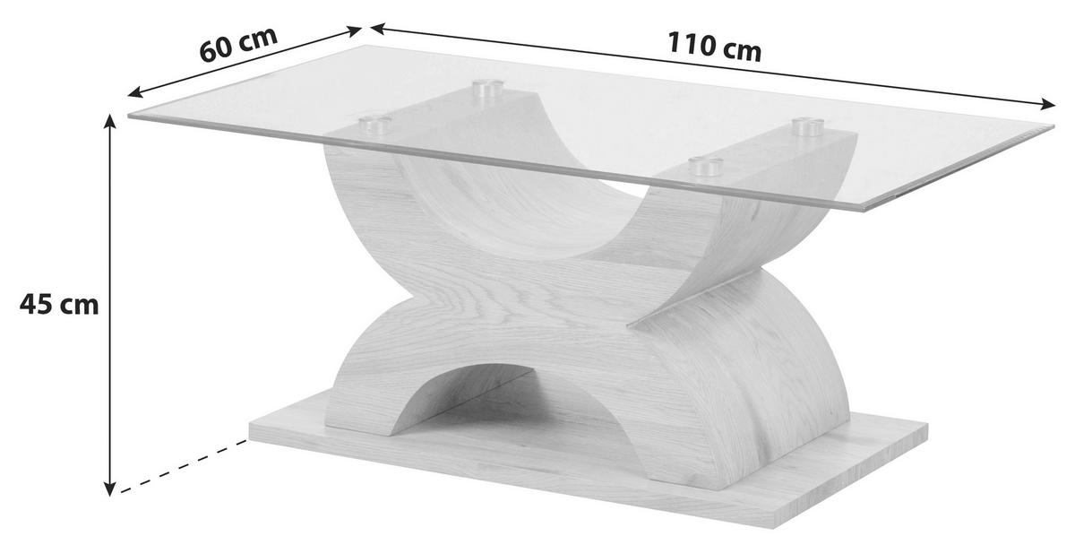 Couchtich Holz Mit Glasplatte X-Form, Eiche Dekor - Eichefarben, KONVENTIONELL, Glas/Holzwerkstoff (110/60/45cm) - MID.YOU