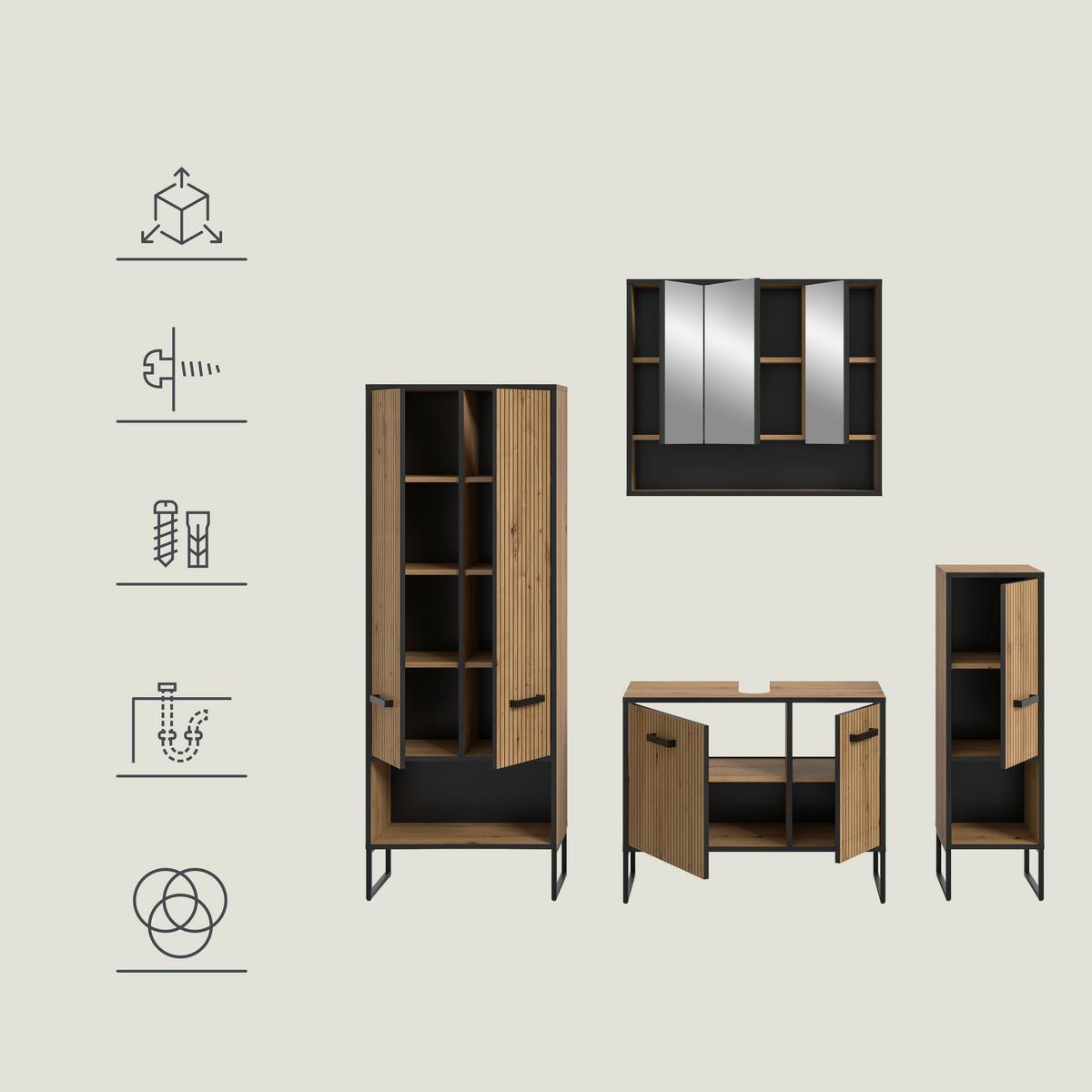 Badezimmer Bagno Schwarz /Eiche Artisan Dekor B: 169cm - Schwarz/Eiche Artisan, Trend, Glas/Holzwerkstoff (169cm) - MID.YOU