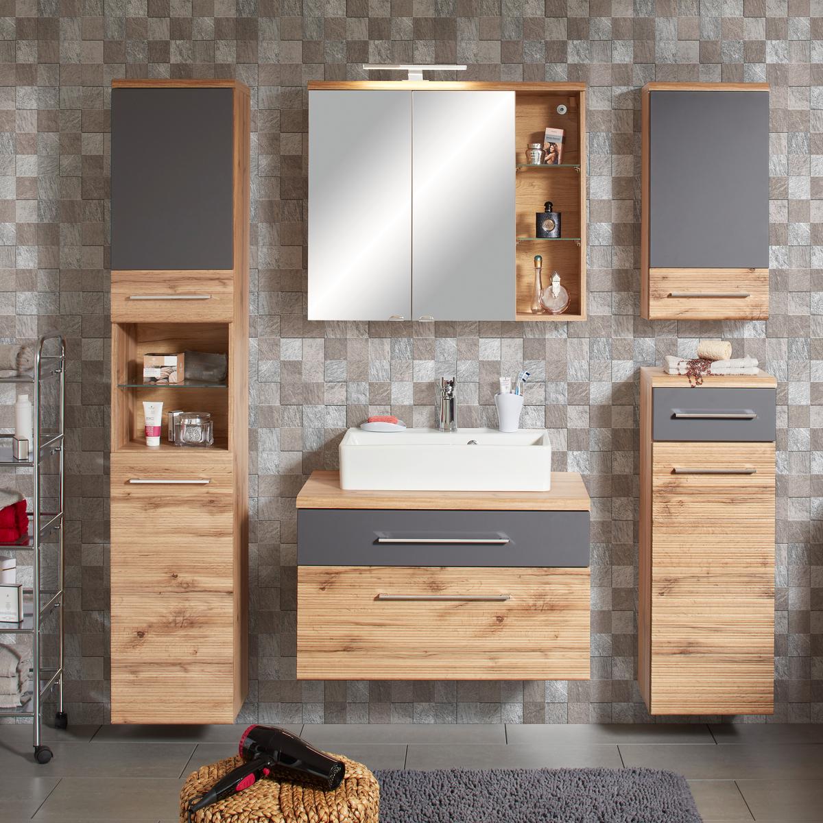 ZRCADLOVÁ SKŘÍŇKA FLOAT -EXKLUSIV- - barvy dubu/barvy chromu, Moderní, kov/kompozitní dřevo (80/70/23cm) - Premium Living