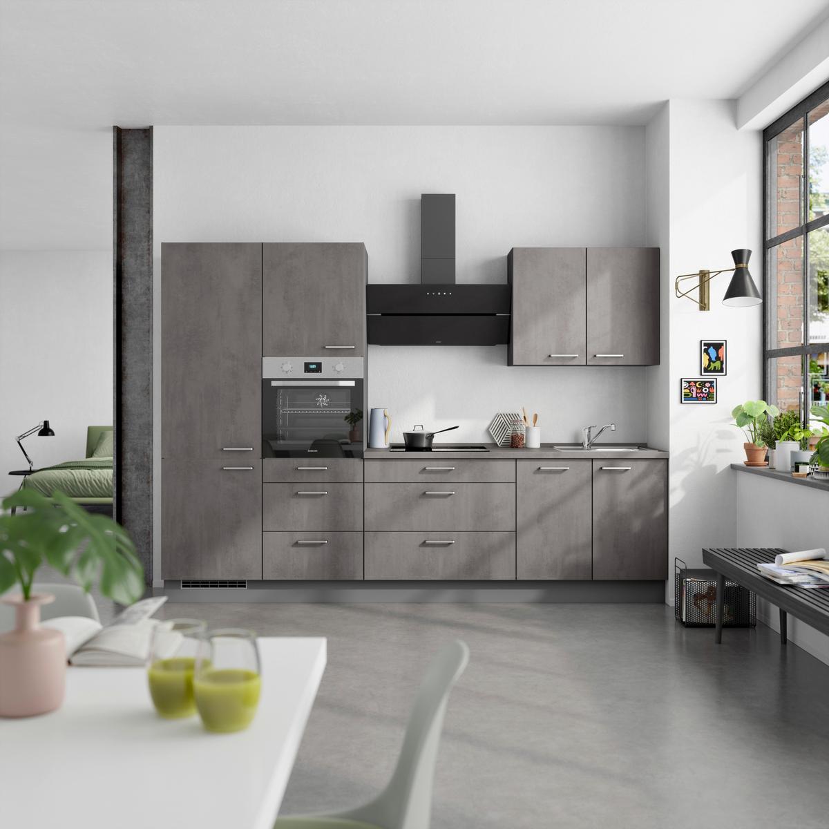 Kuchynská linka 300 cm, bridl.šedý betón/bridl.šedá - farba ušľachtilej ocele/bridlicová, Modern, kov/kompozitné drevo (300cm) - Nobilia