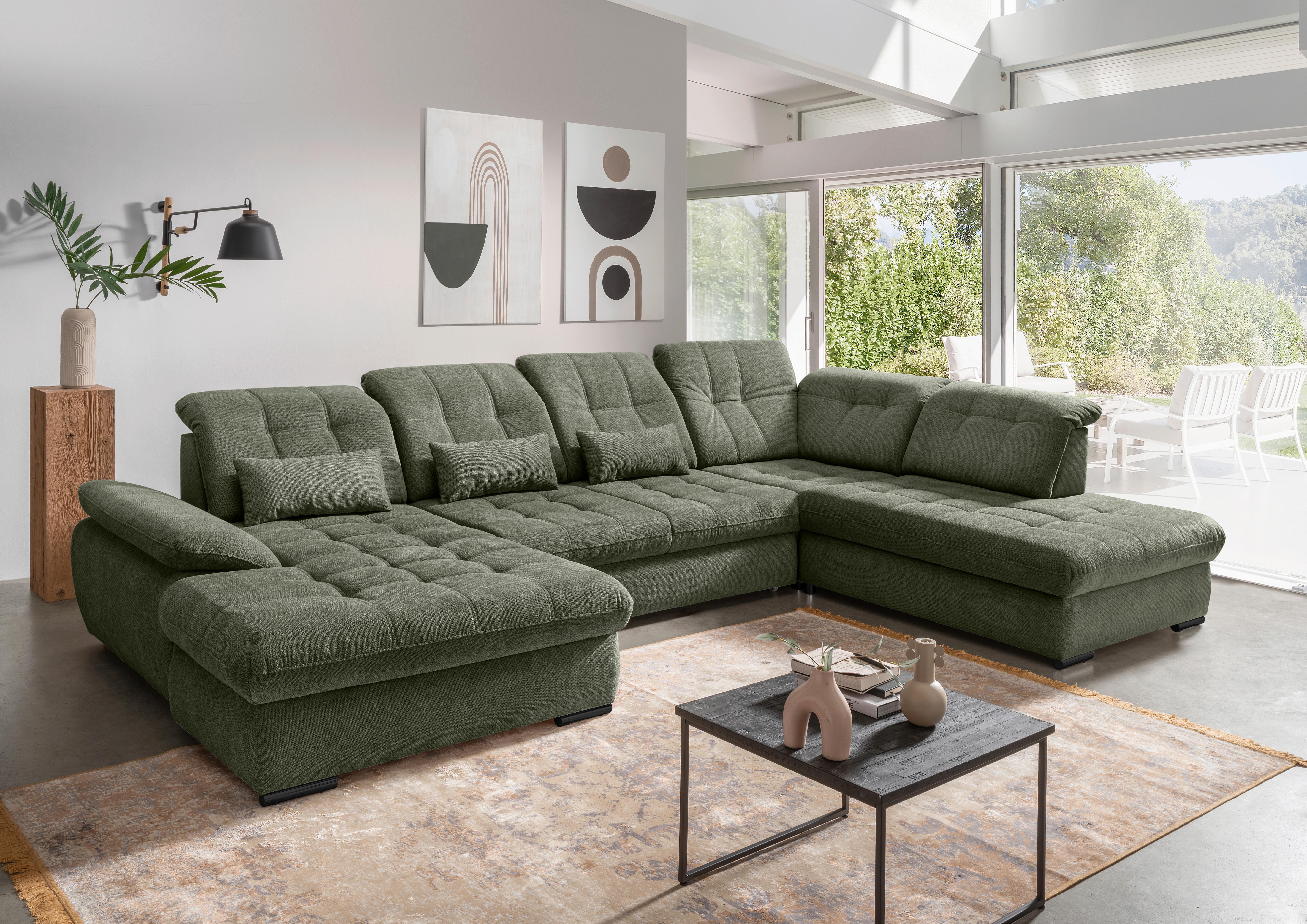Wohnlandschaft mit Bettkasten Rigatti Dunkelgrün B: 387 cm - Dunkelgrün/Schwarz, MODERN, Textil (184/387/252cm) - Livetastic