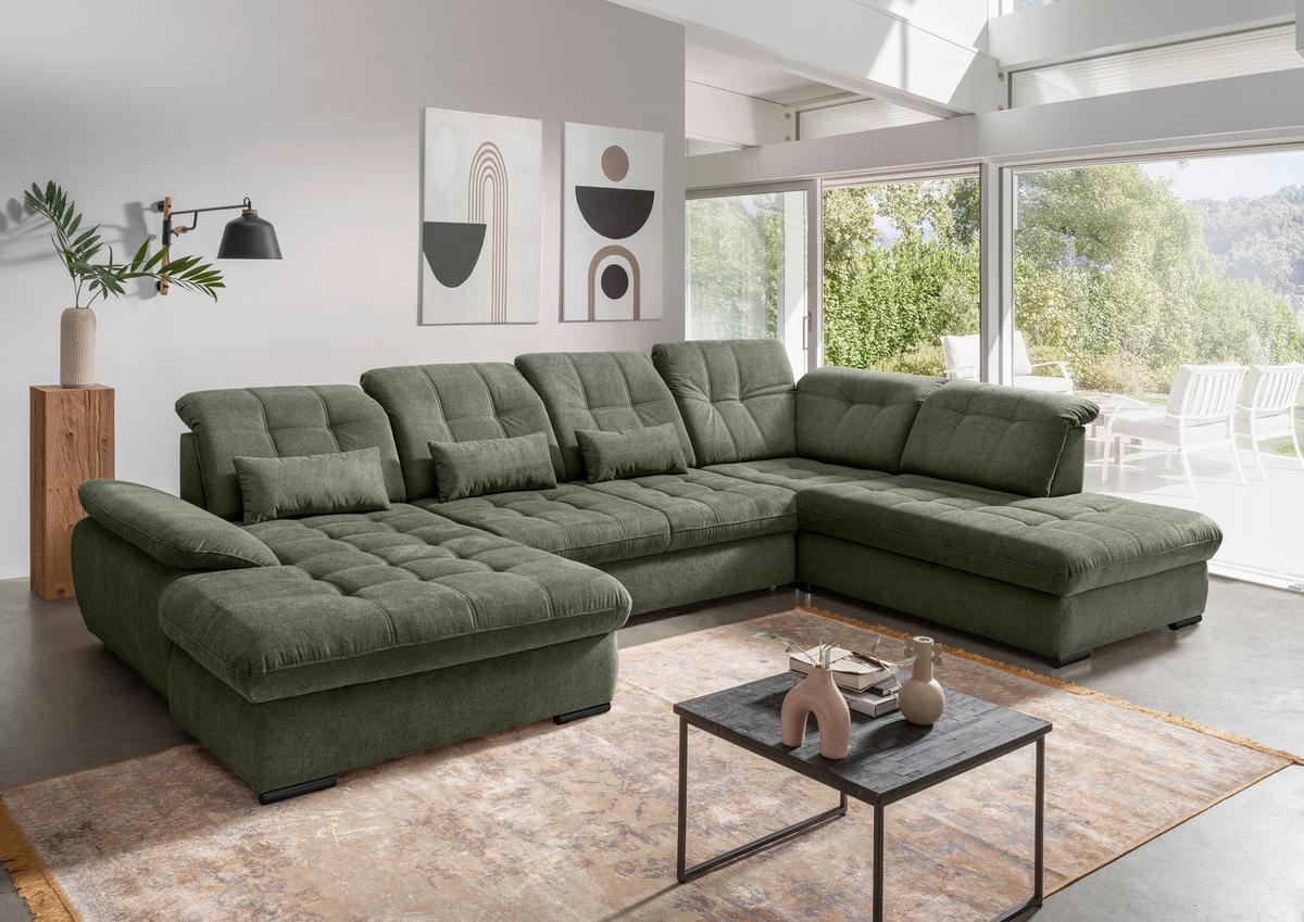 Wohnlandschaft Mit Bettkasten Rigatti Dunkelgrün B: 387 Cm - Dunkelgrün/Schwarz, MODERN, Textil (184/387/252cm) - Livetastic