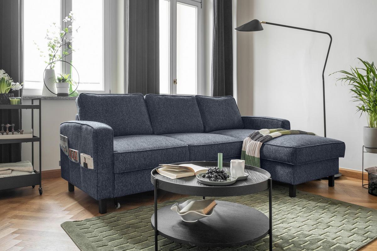 Ecksofa Molly Dunkelblau S: 228x148 cm - Schwarz/Dunkelblau, Textil (228/148cm) - MID.YOU