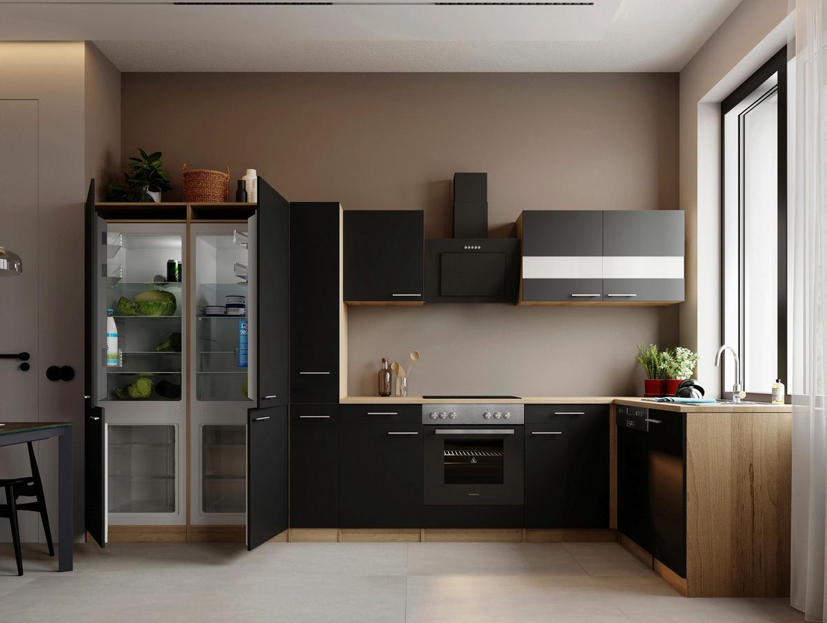 ECKKÜCHE Merle, Schwarz S: 370x172 cm - Eichefarben/Schwarz, Trend, Holzwerkstoff (370/172cm) - Respekta