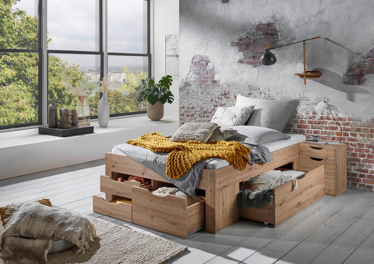 Stauraumbett Noah - Eiche Artisan, KONVENTIONELL, Holzwerkstoff (140/200cm)