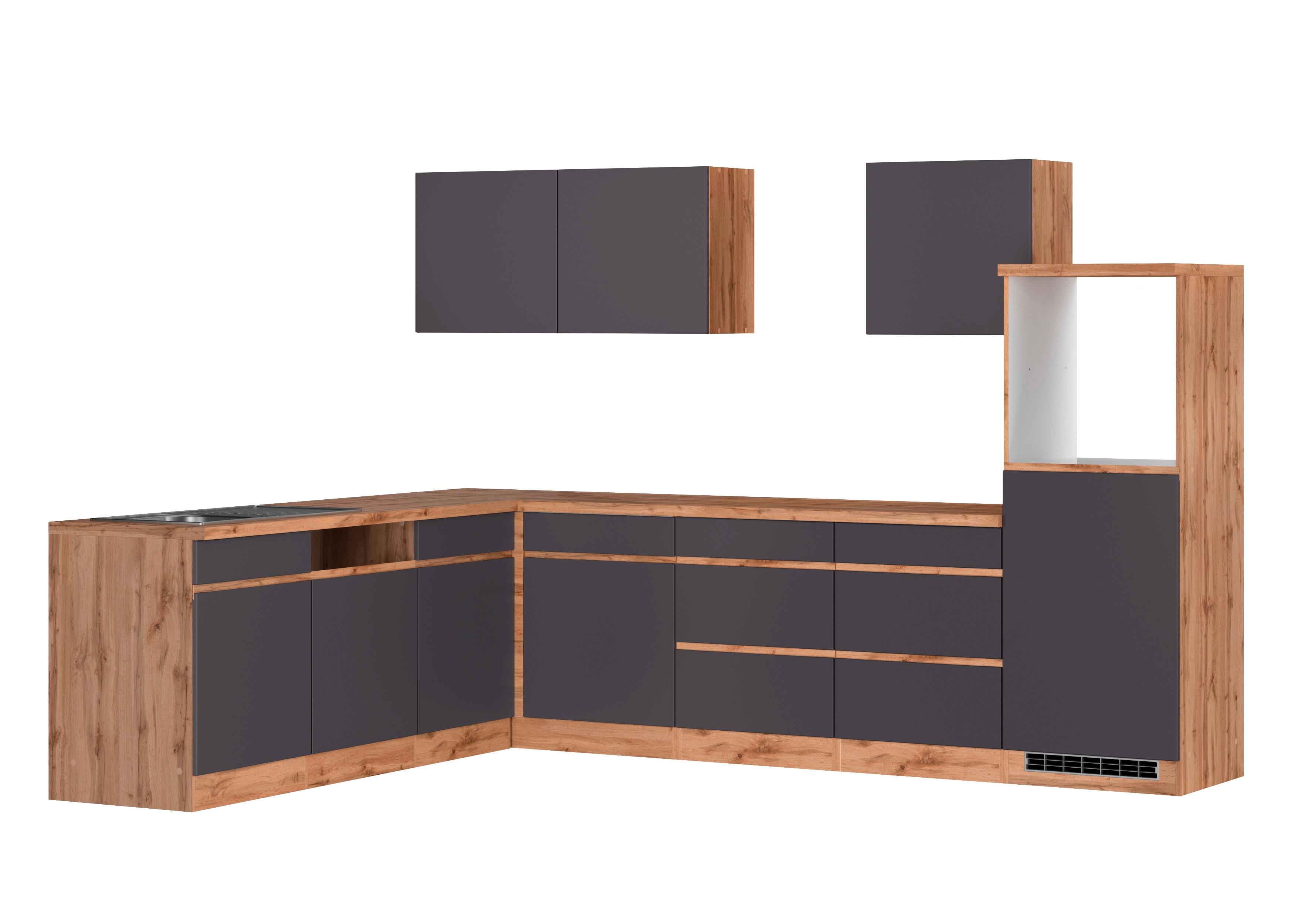 Eckküche Turin ohne Geräte B: 300cm Grau/Wotaneiche Dekor - Eiche Wotan/Grau, Design, Holzwerkstoff (300cm) - Held