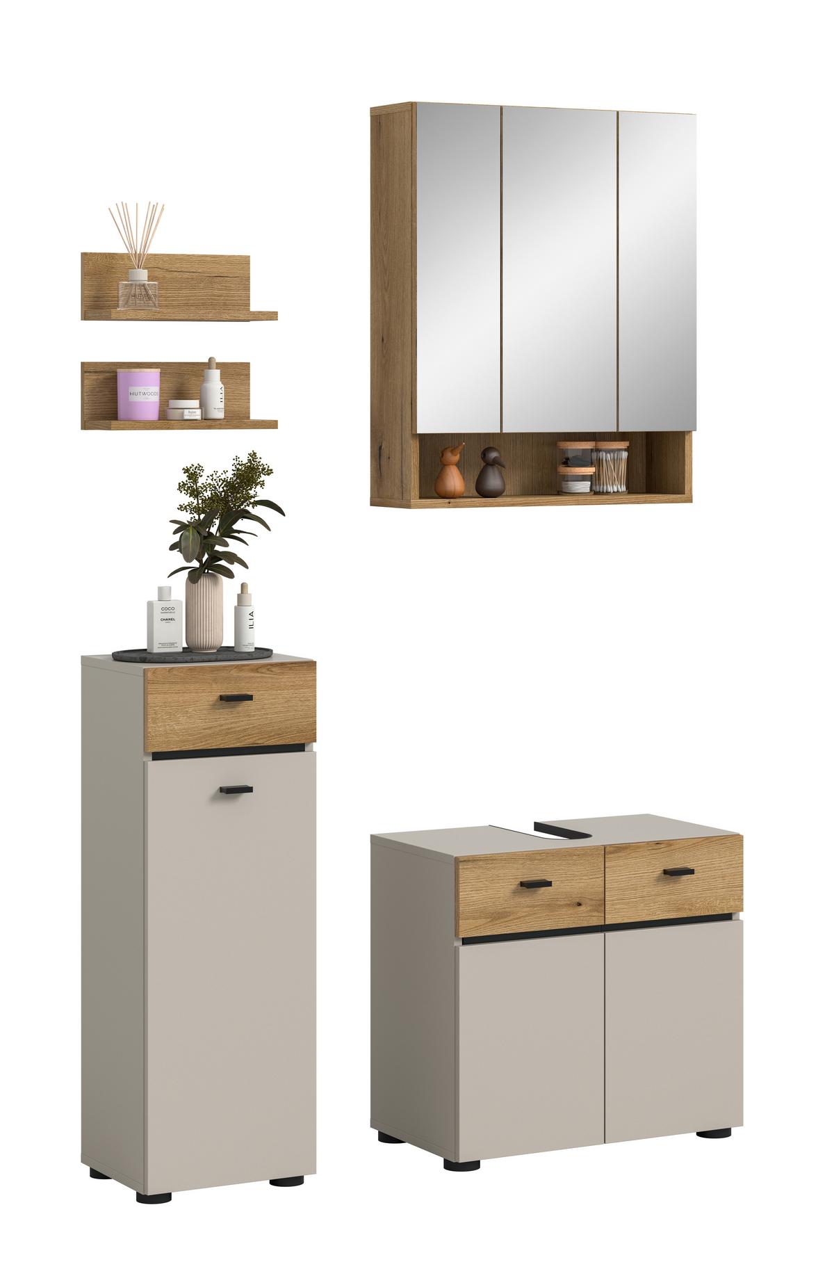 Badezimmer Aqua Kaschmir/Eichefarben B: 92cm - Kaschmir/Eichefarben, Trend, Glas/Holzwerkstoff (92cm) - MID.YOU