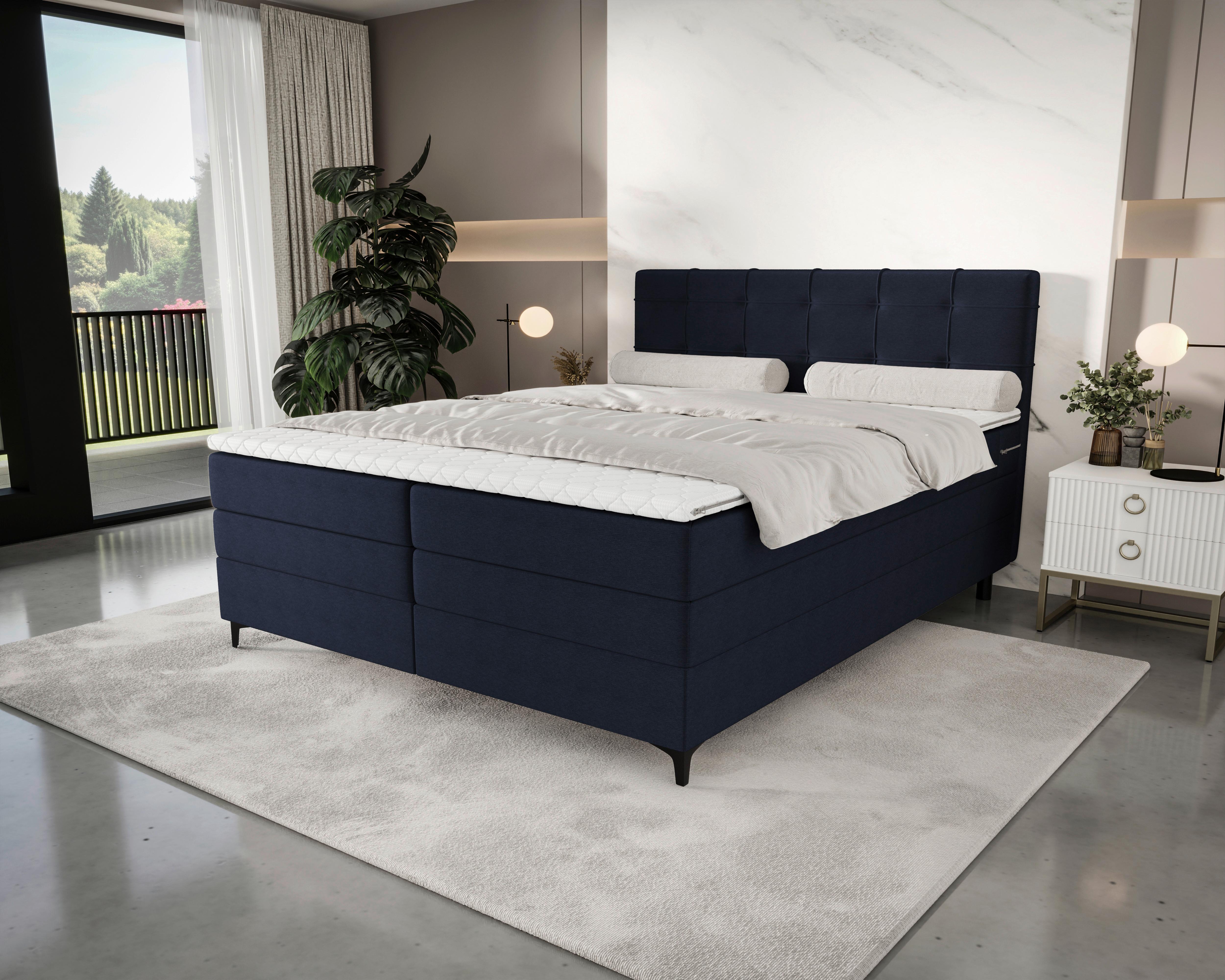 Boxspringbett Mitto mit Topper 180x200 cm - Schwarz/Dunkelblau, KONVENTIONELL, Textil/Metall (180/200cm)