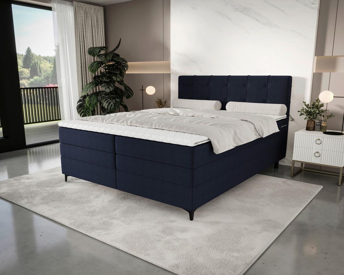 Boxspringbett Mitto mit Topper 180x200 cm - Schwarz/Dunkelblau, KONVENTIONELL, Textil/Metall (180/200cm)