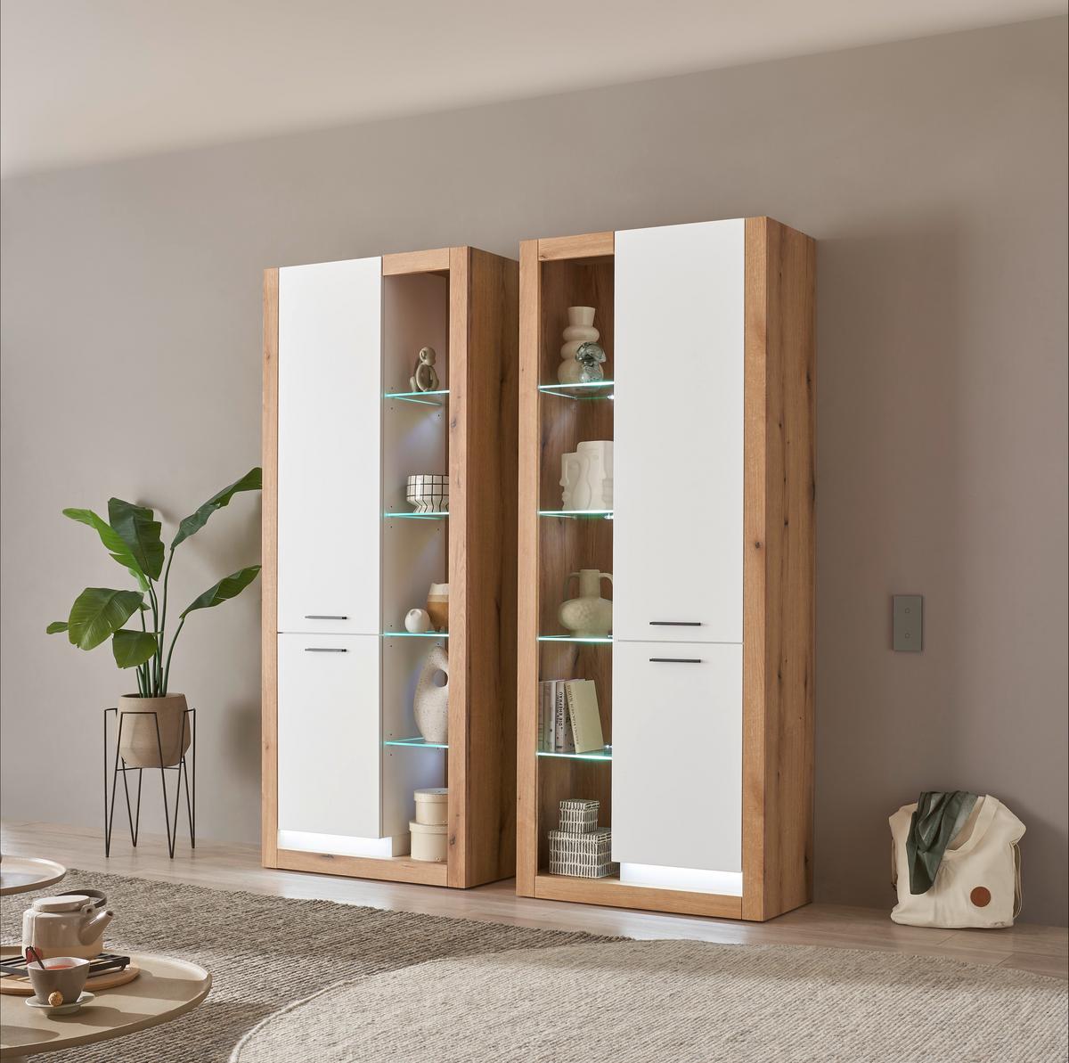 Wohnwand Brixen Weiß/Eichefarben B: 180cm - Eichefarben/Weiß, Design, Glas/Holzwerkstoff (180/195/37cm) - MID.YOU