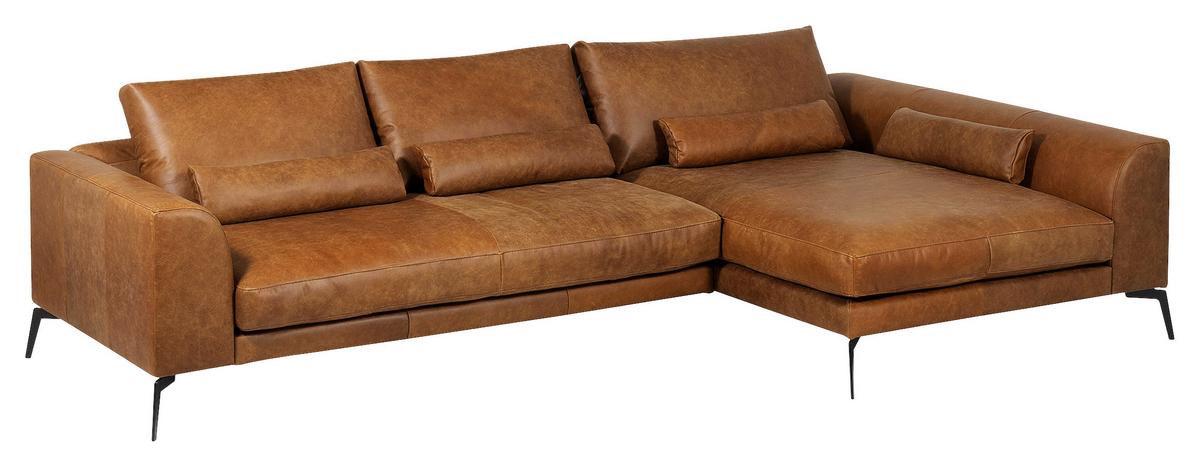 Ecksofa Berlin Cognac S: 313 cm - Cognac/Schwarz, Design, Leder (313/172cm) - Livetastic