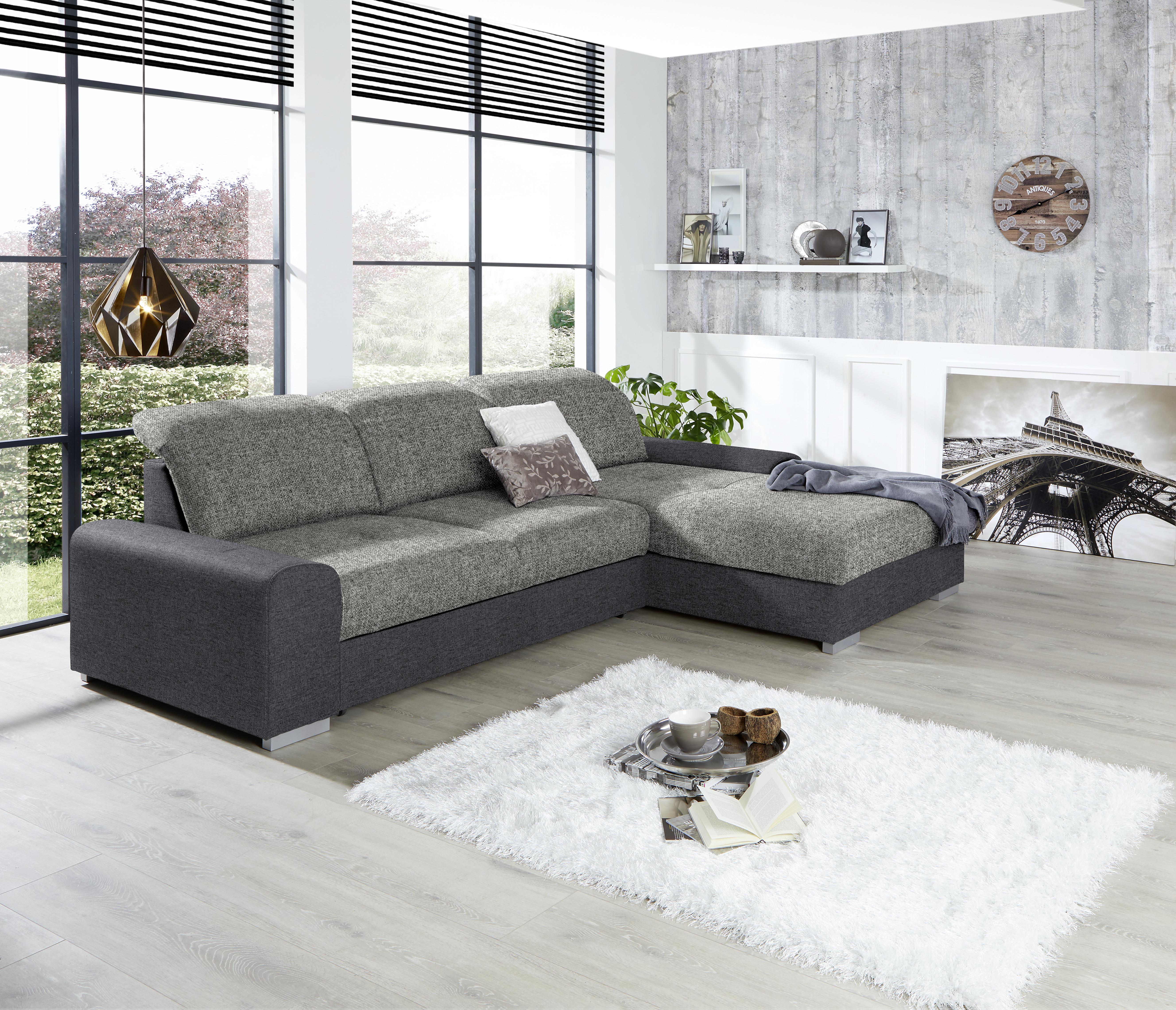 Ecksofa mit Schlaffunktion + Bettkasten Malaga, Webstoff - Dunkelgrau/Silberfarben, KONVENTIONELL, Textil (286/203cm) - Ondega