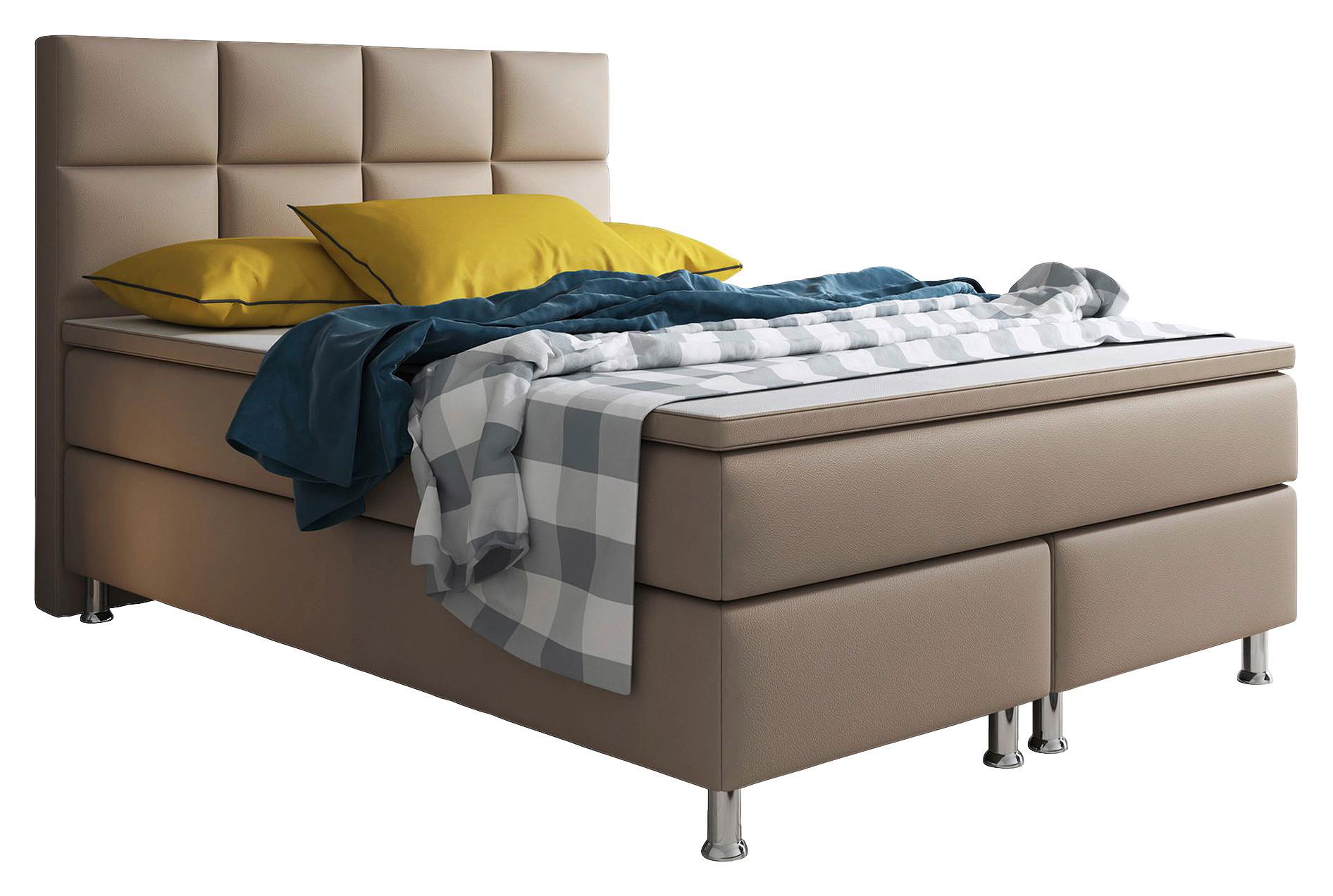 Boxspringbett Mit Topper Lederlook 140x210 Maimi-F - Silberfarben/Cappuccino, KONVENTIONELL, Leder/Textil (140/115/210cm) - MID.YOU
