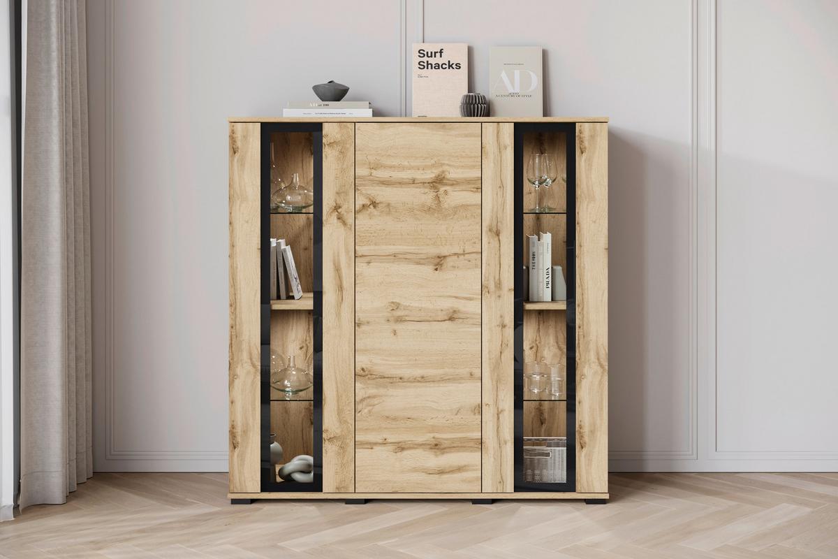 Kommode Caro Eiche Wotan B: 120 Cm - Eiche Wotan/Schwarz, Design, Glas/Holzwerkstoff (120/121,9/39,5cm) - Livetastic