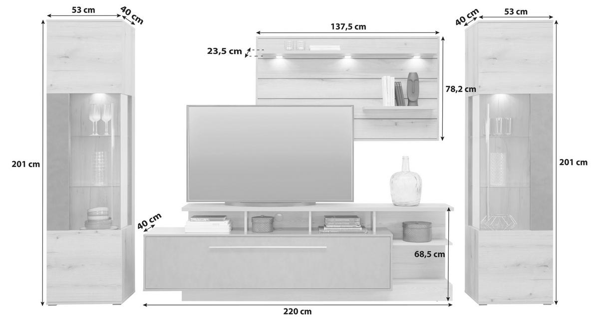 Wohnkombination 4-Tlg. Limit Eiche/Matera Dunkel Dekor - MODERN, Glas/Holzwerkstoff (326/201/40cm)