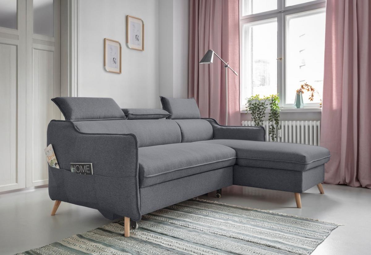 Rozkládací sedačka Simone, pravé provedení - šedá/přírodní barvy, Moderní, dřevo/textil (228/82/95/162cm)