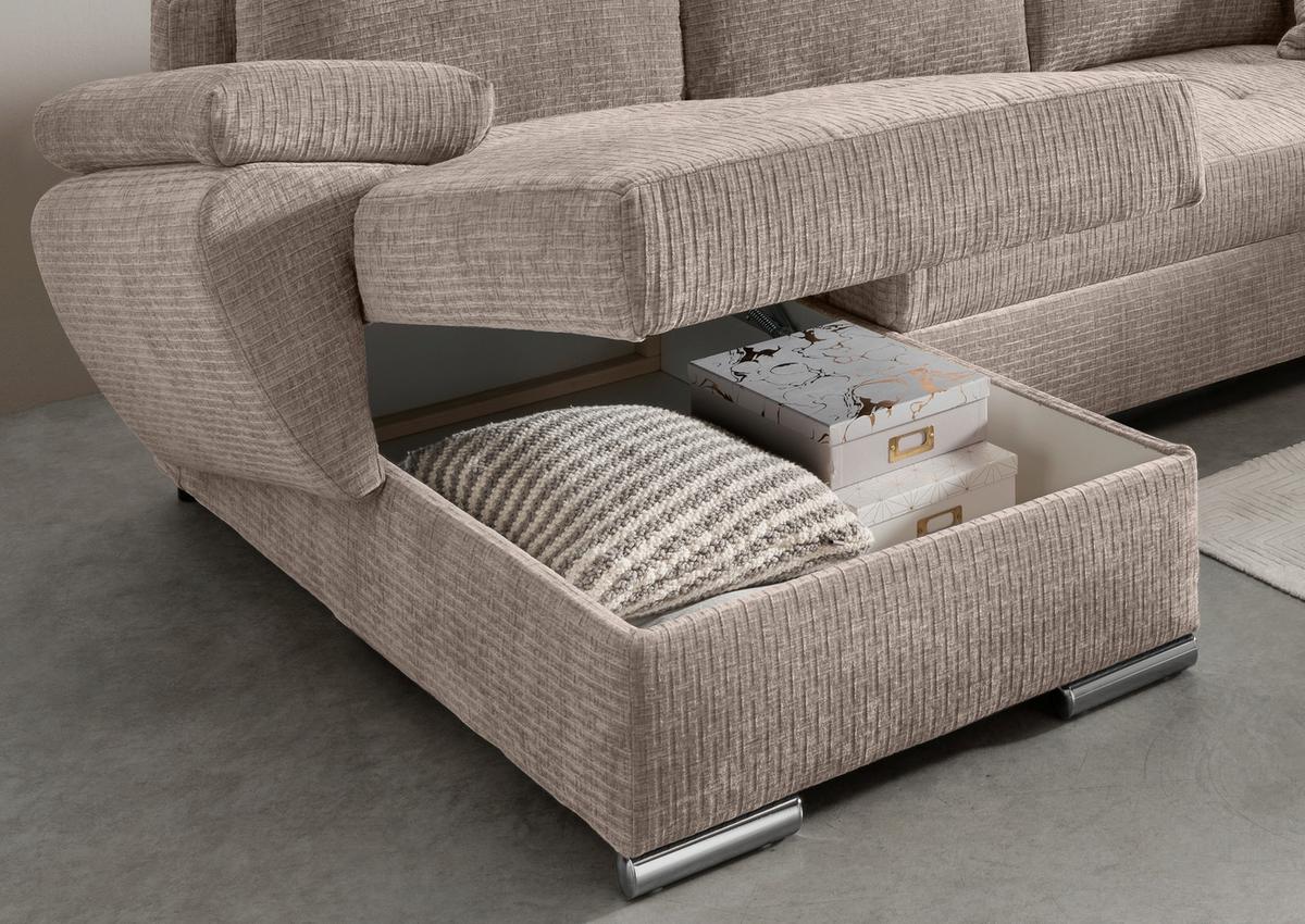 Wohnlandschaft Terana mit Schlaffunktion Beige - Chromfarben/Beige, KONVENTIONELL, Textil (157/305/219cm) - Livetastic