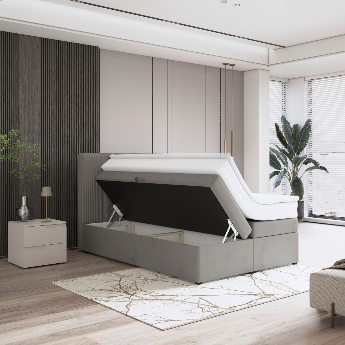 Boxspringbett Mit Topper & Bettkasten 140x200 Rossa - Blaugrau/Schwarz, MODERN, Holzwerkstoff/Textil (140/200cm)