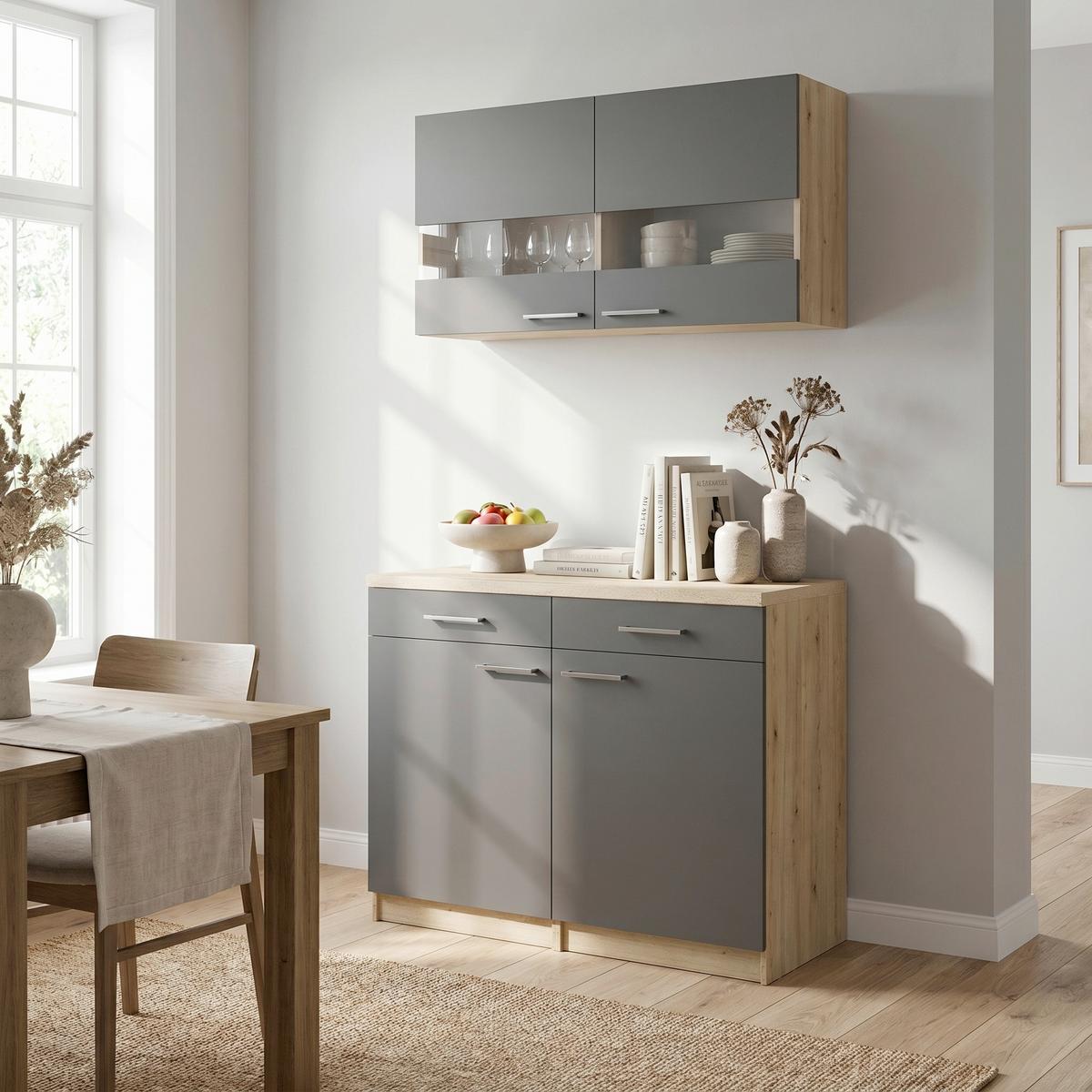BUFFET Merle Grau/Eiche Dekor B:100cm - Eichefarben/Grau, Basics, Glas/Holzwerkstoff (100/200/60cm) - Respekta