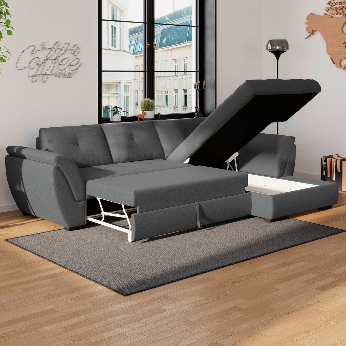 Ecksofa mit Schlaffunktion Berisso, Webstoff - Anthrazit/Schwarz, Design, Textil (278/187cm) - Ondega