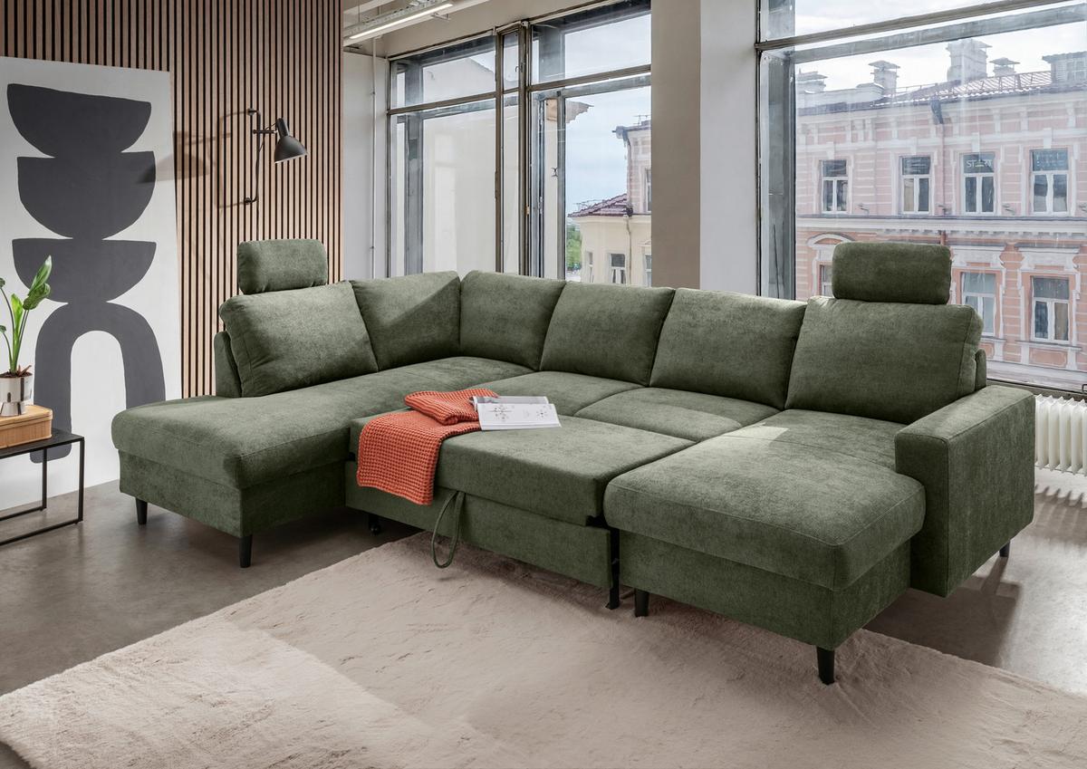 Wohnlandschaft Passione Dunkelgrün U: 200x305x153 Cm - Dunkelgrün/Schwarz, MODERN, Textil (200/305/153cm) - Livetastic