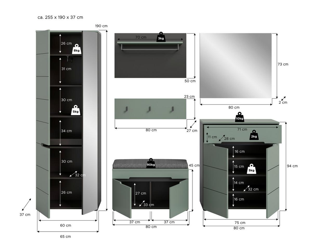 Garderobe Canu 5-Teilig Grau/Grün B: 255 cm - Graugrün/Grau, Design, Holzwerkstoff (255/190/37cm) - Livetastic