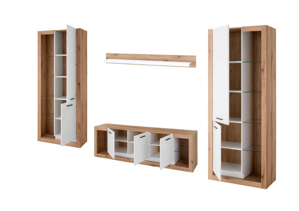 Wohnwand Brixen Weiß/Eichefarben B: 398cm - Eichefarben/Weiß, Design, Glas/Holzwerkstoff (398/195/43cm) - MID.YOU