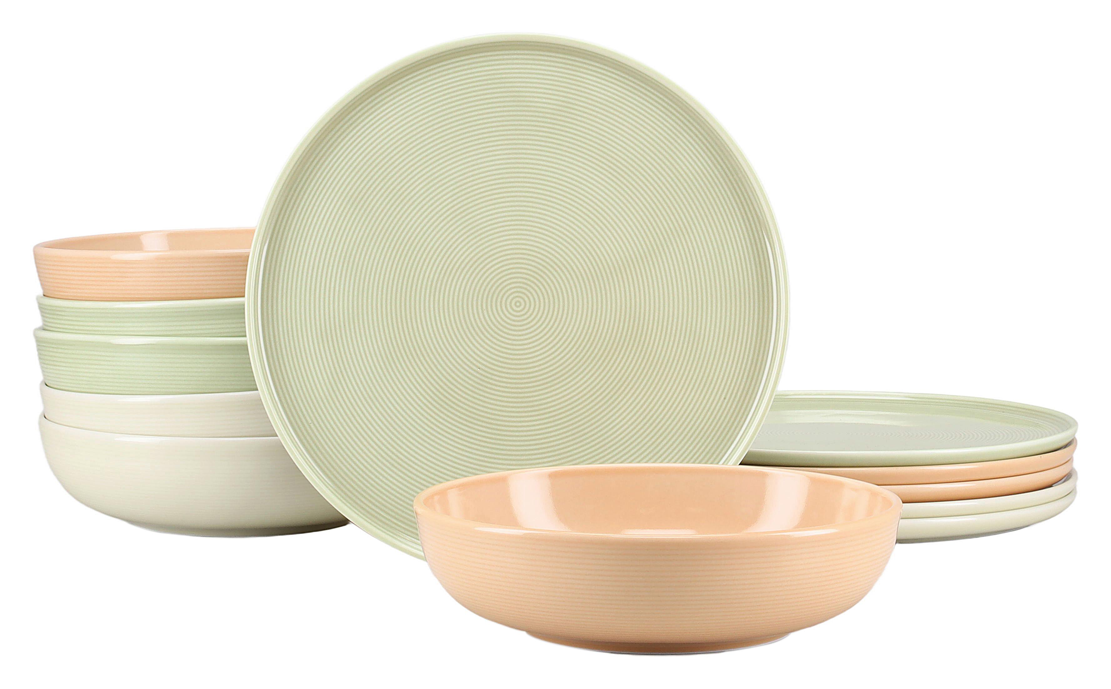 Tafelservice 12-teilig. Porzellan, multicolor - Salbeigrün/Creme, Basics, Keramik - Creatable