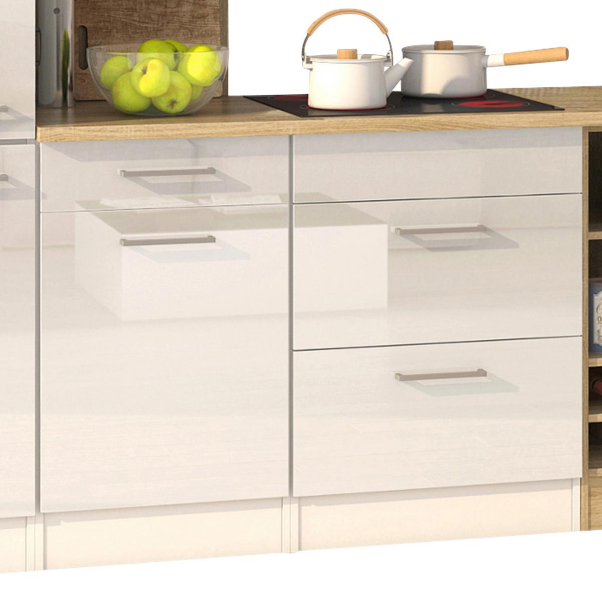 Küchenzeile Mailand Mit Geräten 340 Cm Weiß Modern - Weiß Hochglanz/Eichefarben, MODERN, Holzwerkstoff (340cm) - Held