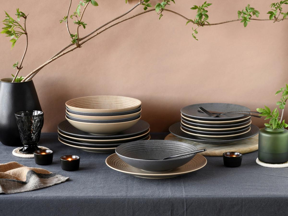Tafelservice Catania Steinzeug Anthrazit Sandfarben - Sandfarben/Anthrazit, Design, Keramik - Creatable