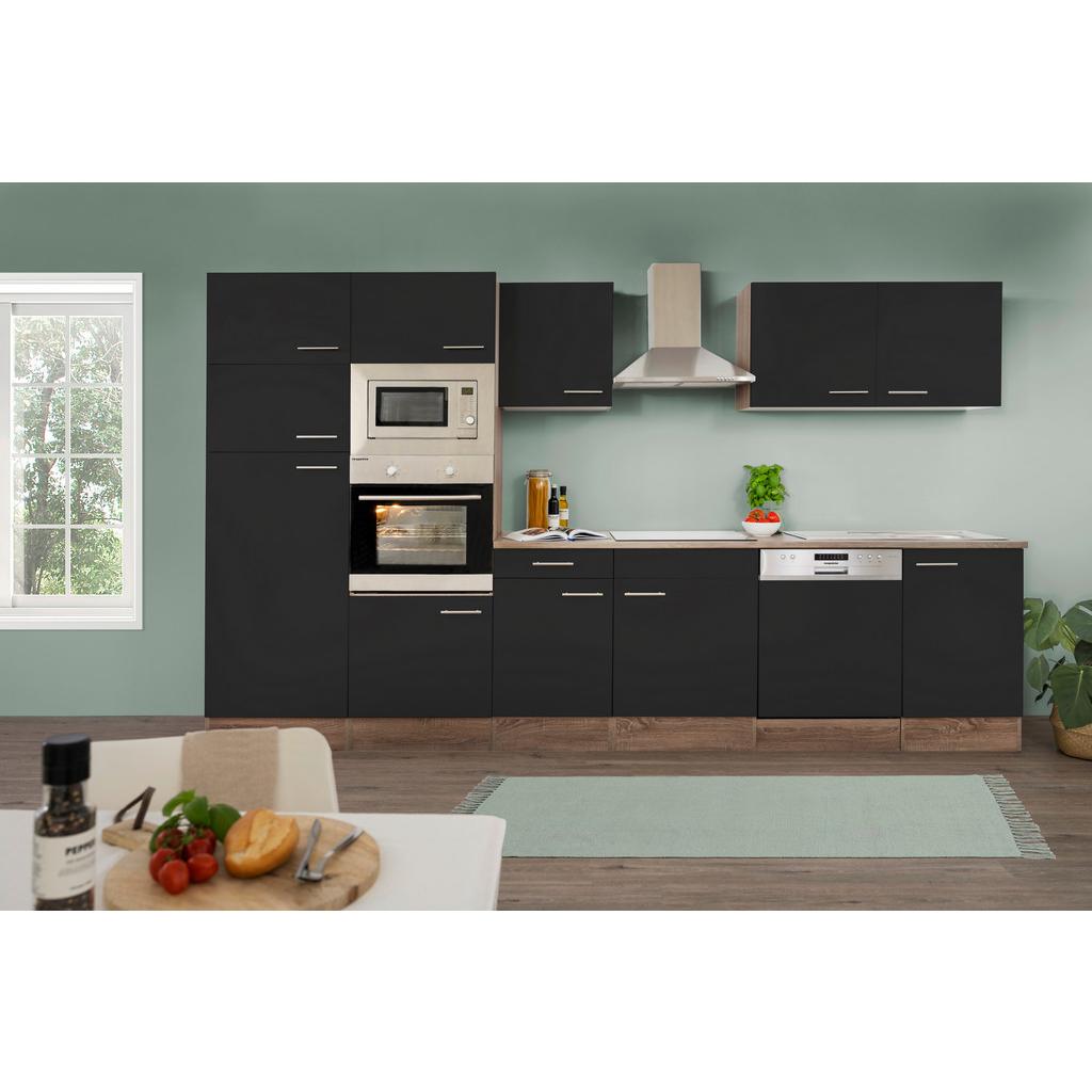 Küchenzeile mit Geräten B: 340 cm Schwarz/Eiche Dekor