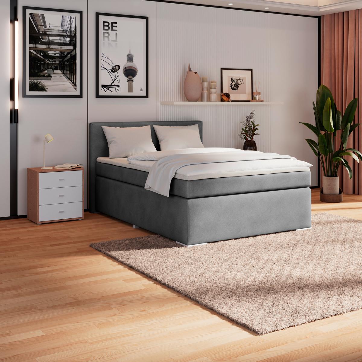 Boxspringbett Mira Boucle Dunkelgrau,lf:140x200cm - Dunkelgrau/Perlmutt, KONVENTIONELL, Holz/Textil (140/200cm)
