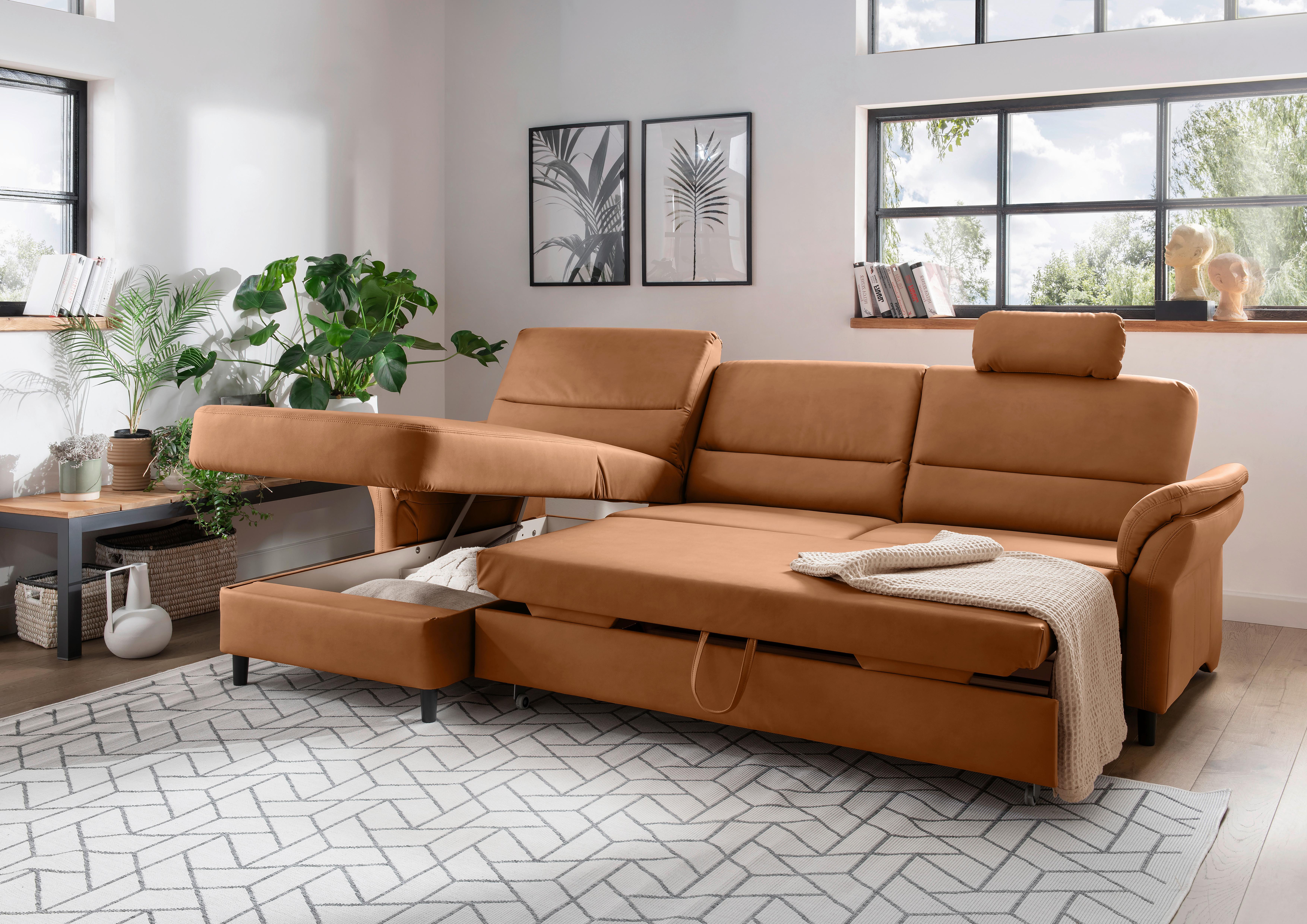 Ecksofa Cavoli, Cognac S: 176x279 cm - Cognac/Schwarz, MODERN, Textil (176/279cm) - Livetastic