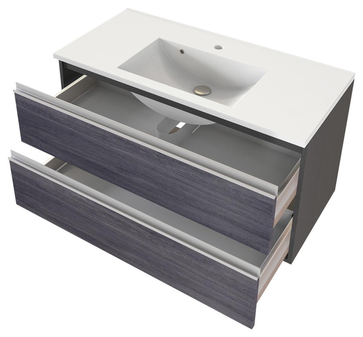 Waschbecken mit Unterschrank Arezzo B: 100cm, Graphit/Eiche - Graphitfarben/Weiß, Basics, Holzwerkstoff/Stein (100cm) - Held