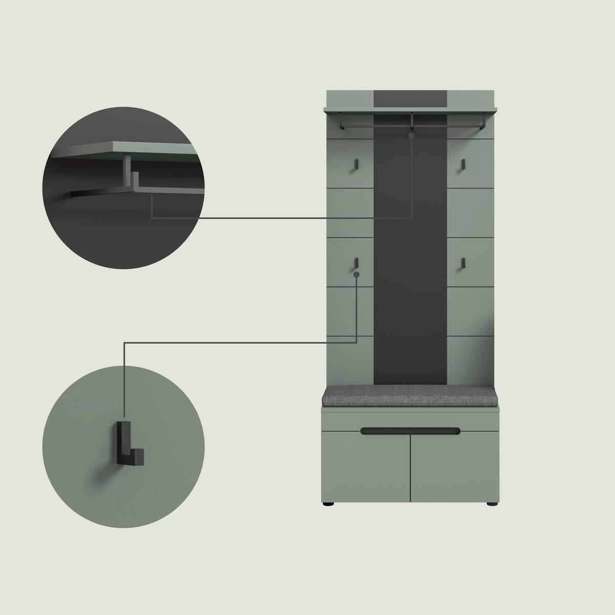 Garderobe Canu 5-Teilig Grau/Grün B: 255 cm - Graugrün/Grau, Design, Holzwerkstoff (255/190/37cm) - Livetastic