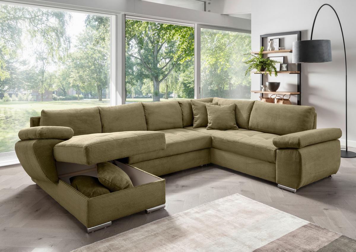 Wohnlandschaft Terana mit Schlaffunktion, Olivgrün - Chromfarben/Olivgrün, KONVENTIONELL, Textil (157/305/219cm) - Livetastic
