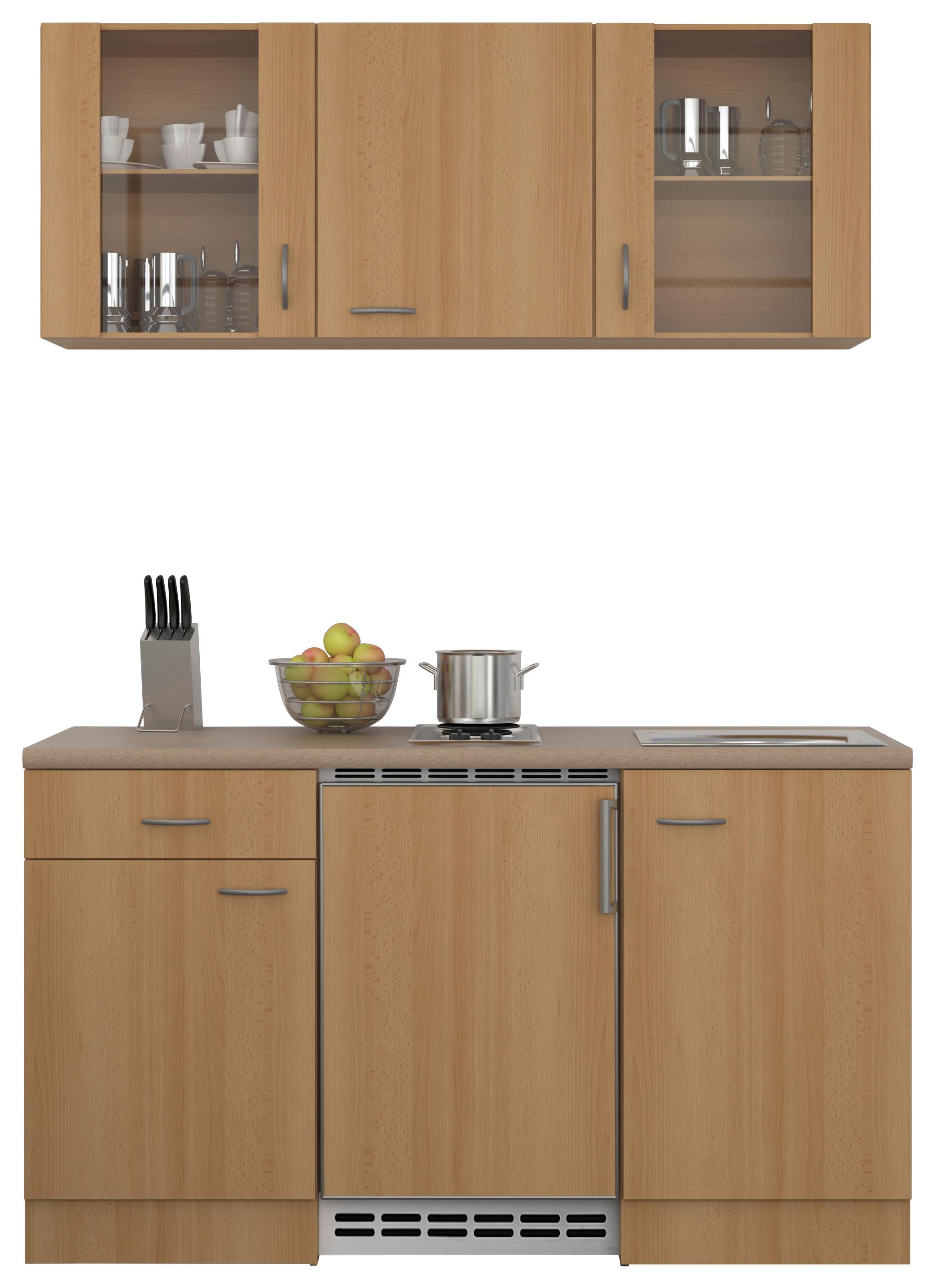 Minikuchyňa NANO vrátane spotrebičov a drezu - farba buka/farba ušľachtilej ocele, Modern, kompozitné drevo/plast (150cm) - MID.YOU