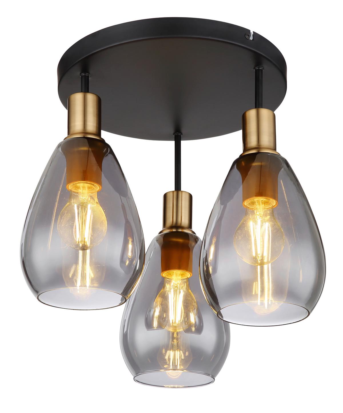 Deckenleuchte Ø 38 Cm 3-Flammig Mit Rauchglas - Messingfarben/Schwarz, Design, Glas/Metall (38/38cm) - Globo