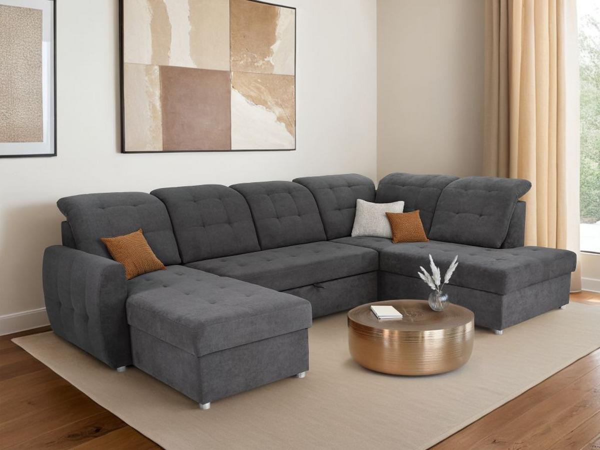 Rohová sedačka ATLAS U, pravá, antracitová,úl.prostor,lůžko - barvy chromu/antracitová, Moderní, kov/dřevo (174/306/207cm)