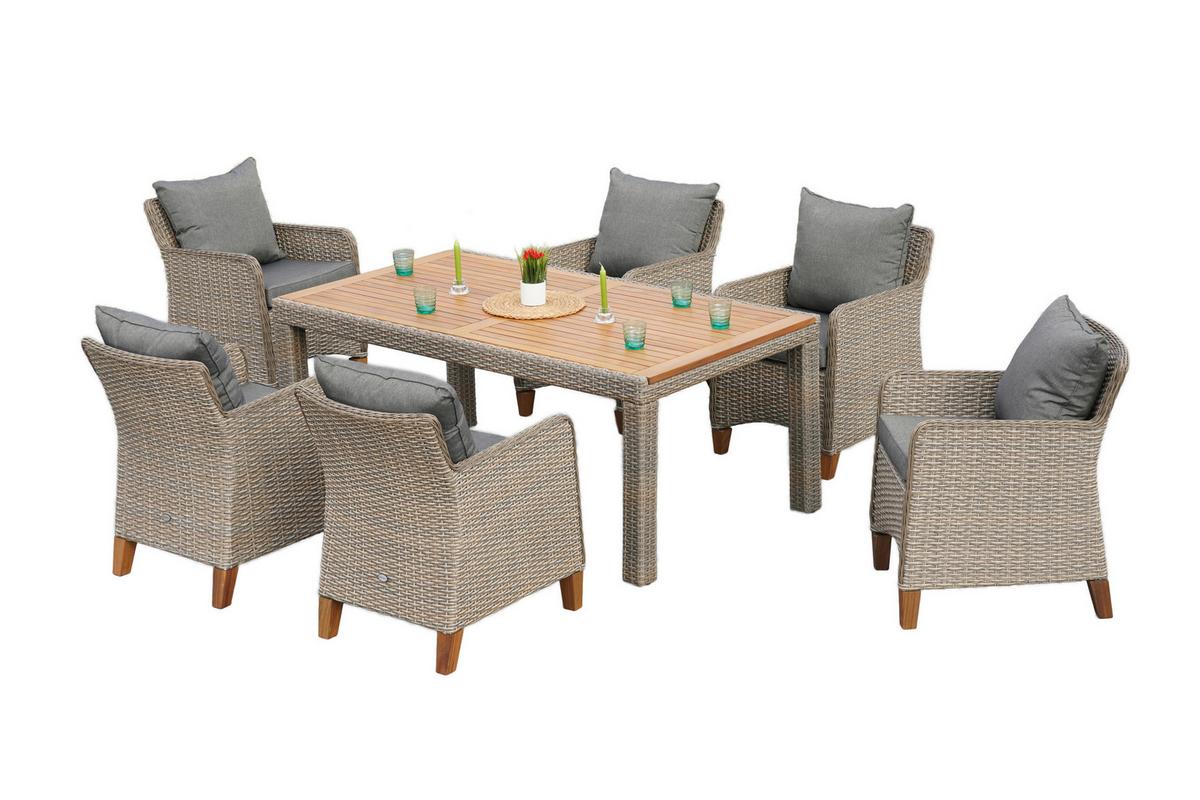 Gartentischgruppe Avellino 7--Teilig. Aus Akazie - Beige/Beigebraun, KONVENTIONELL, Holz/Kunststoff - Gardenson