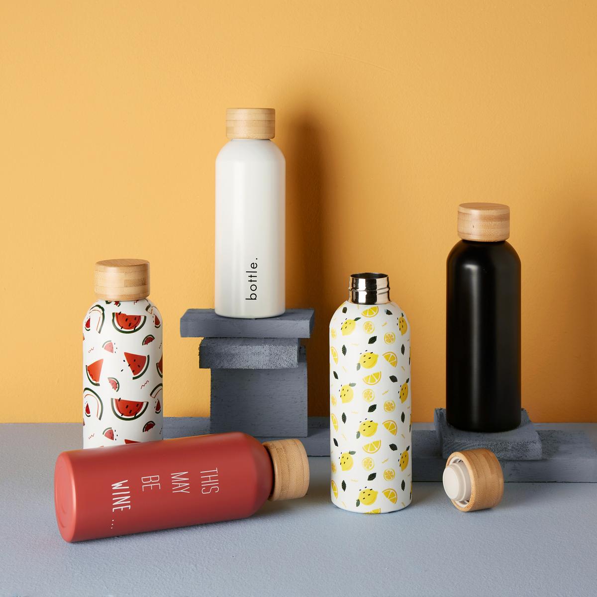 Termoska na nápoje Fun, 500ml - bílá/černá, kov/dřevo (500ml) - Premium Living