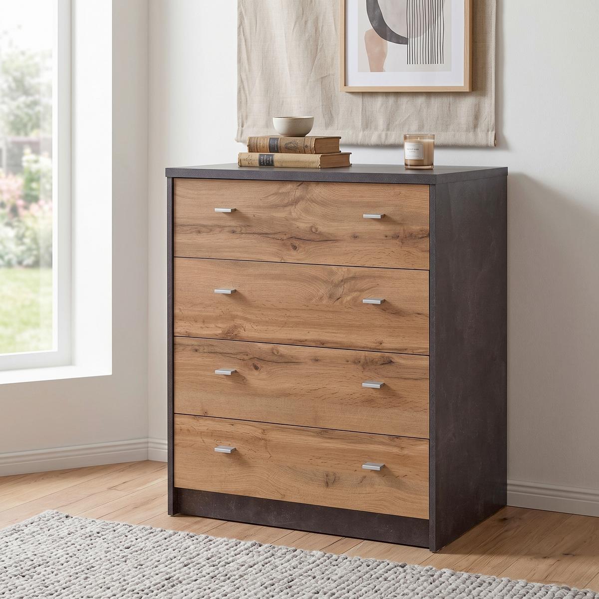 Kommode B 74cm 4-You, Beton Optik/Wotan Eiche Dekor - Eichefarben/Grau, MODERN, Holzwerkstoff (74/85.4/44.3cm)
