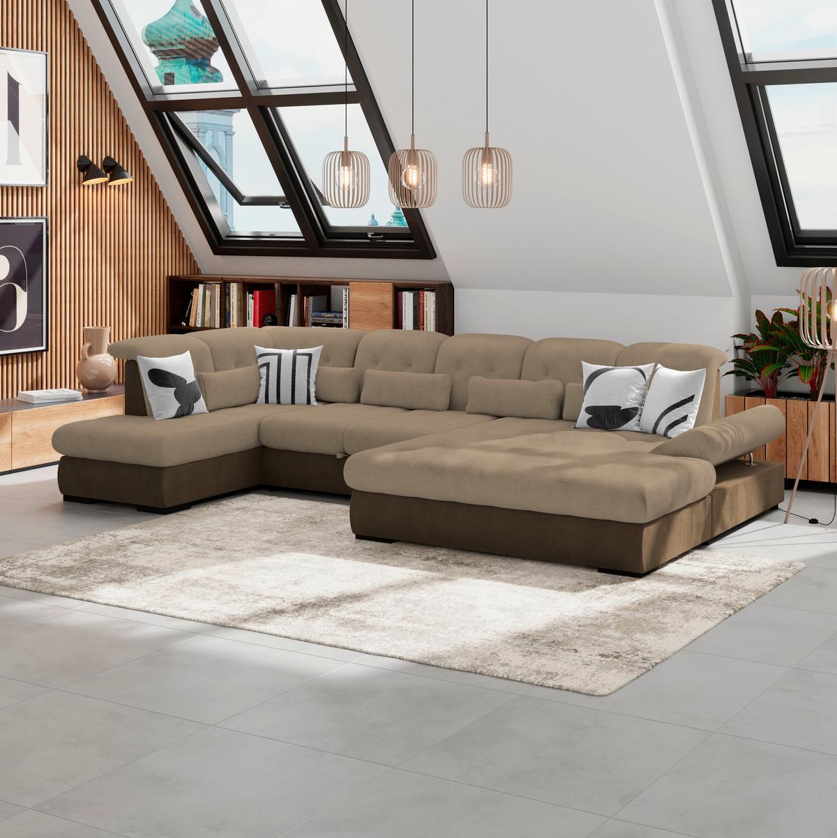 Wohnlandschaft Madera Mit Schlaffunktion Braun - Hellbraun/Dunkelbraun, KONVENTIONELL, Kunststoff/Textil (212/358/190cm)