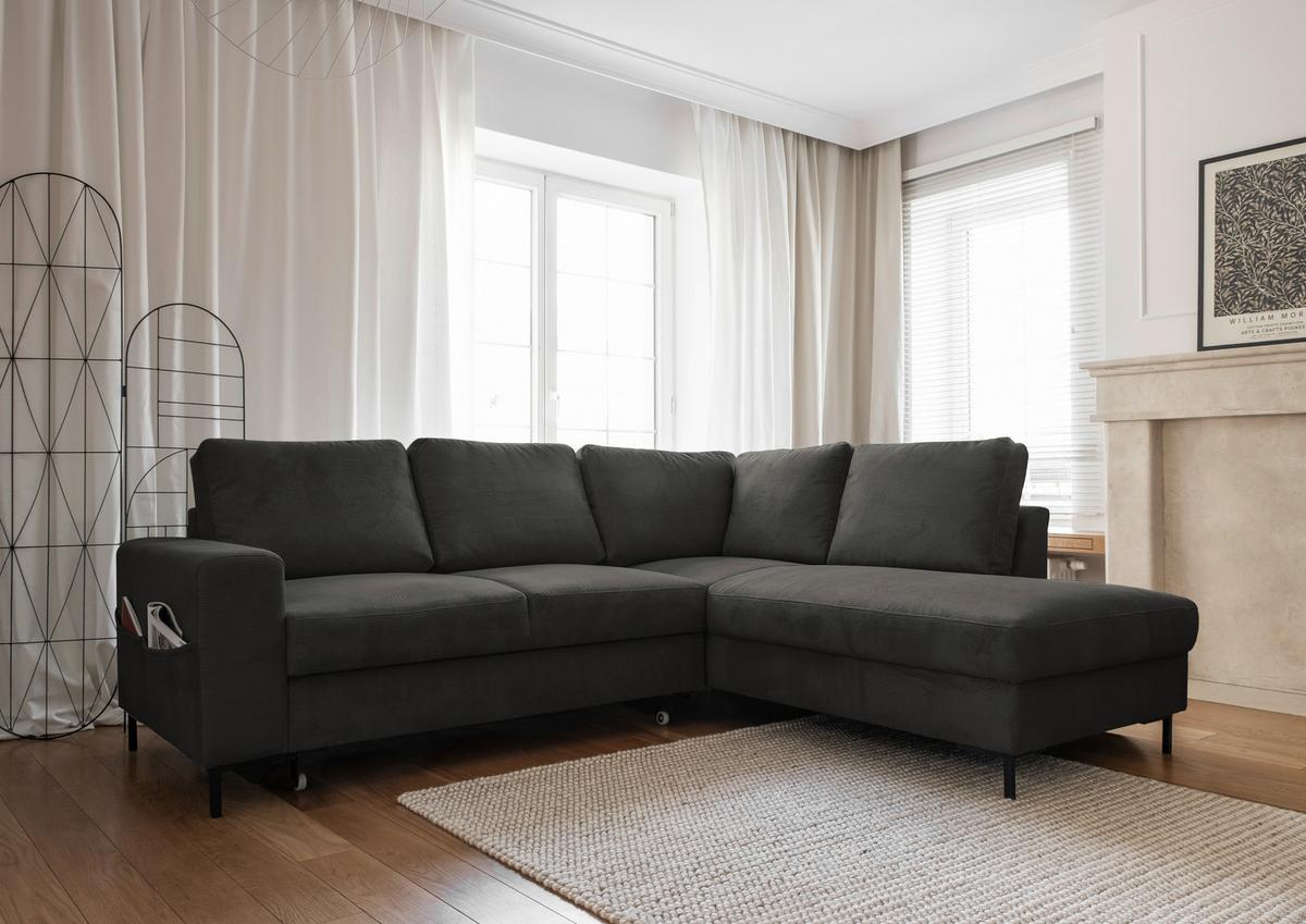 Sedačka LEONIE L, pravá, sivý menčester - čierna/sivá, Design, kov/drevo (237/197cm)