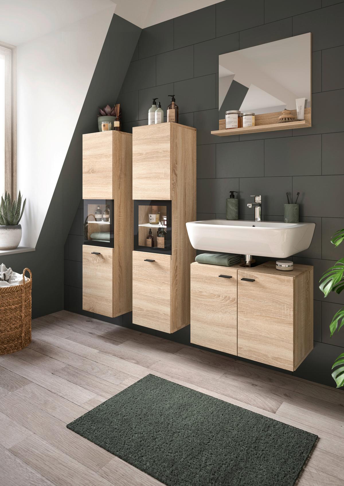 Badezimmer Boston Sonoma Eiche Dekor - Schwarz/Sonoma Eiche, MODERN, Glas/Holzwerkstoff (117cm) - MID.YOU