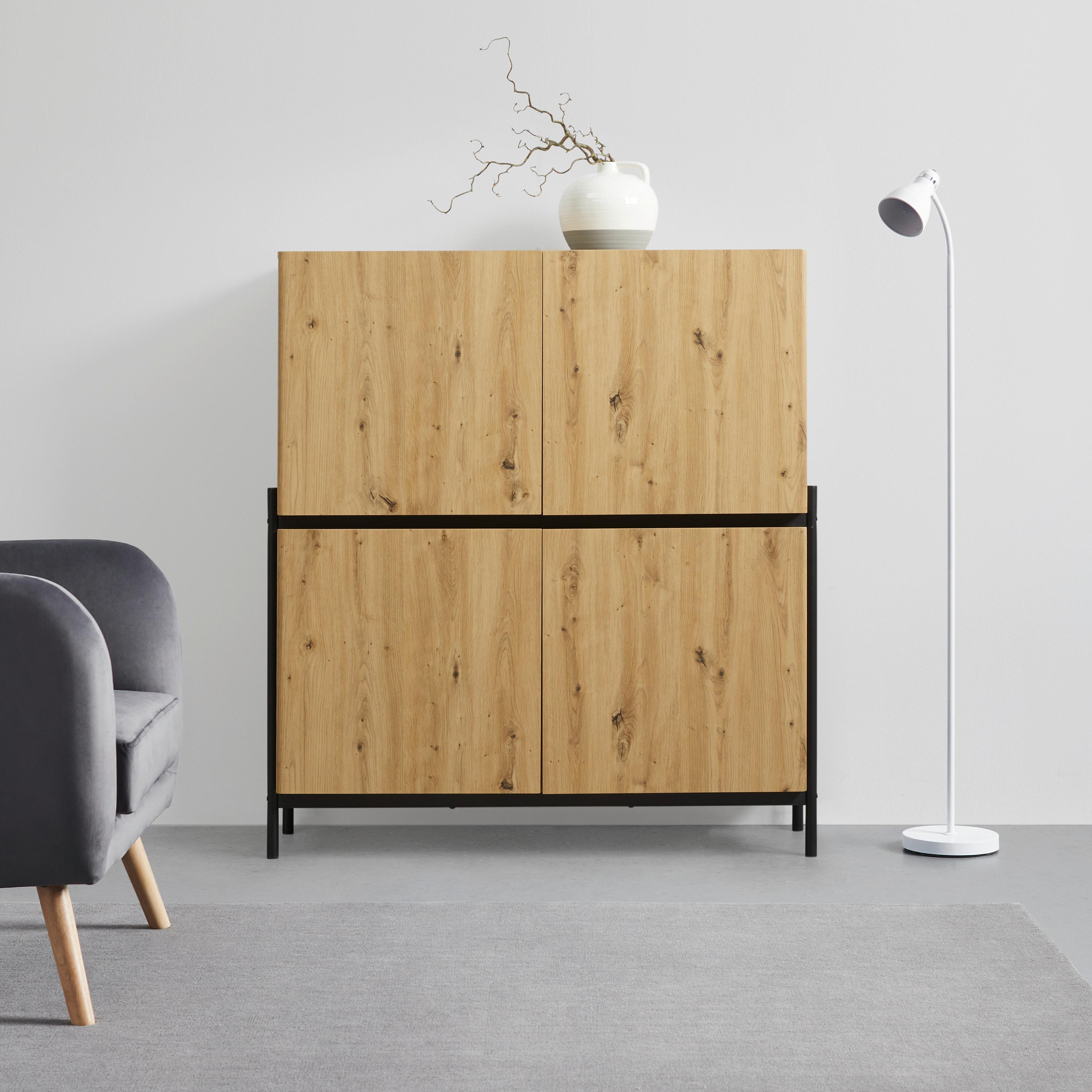 Široká komoda JASMINA farby dubu - čierna/farba duba, Modern, kov/drevo (118/131/41,5cm) - Bessagi Home