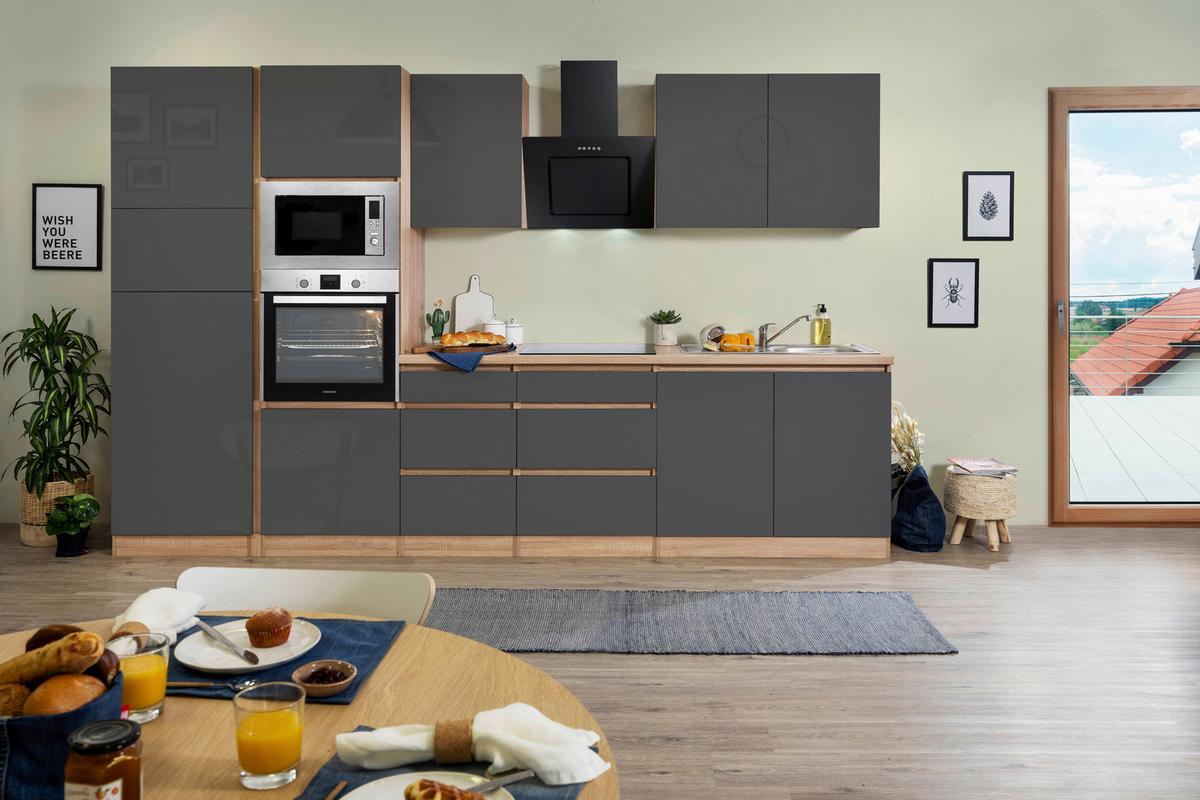 Küchenblock Lorena Küchenblock 335 cm - Grau Hochglanz/Eichefarben, Basics, Holzwerkstoff (335cm) - Respekta
