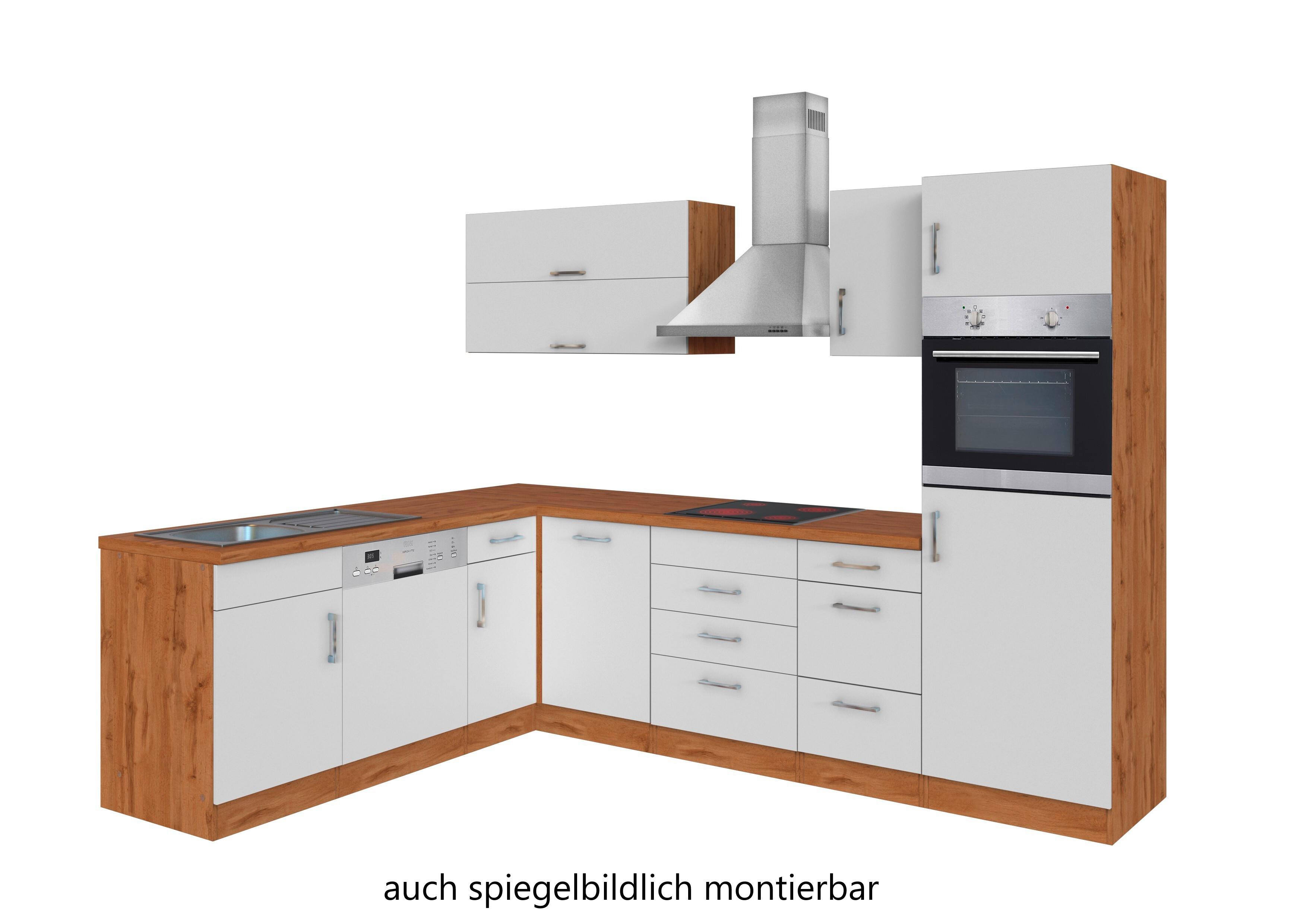 Eckküche Winkelblock Mit Geräten 270x210 Cm Weiß - Eiche Wotan/Weiß, MODERN, Holzwerkstoff (210/270cm) - Held