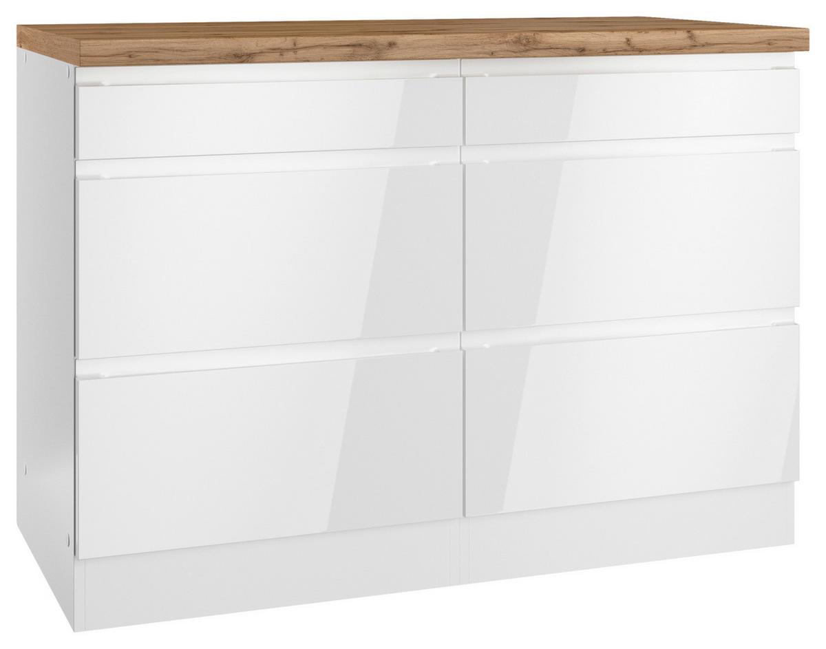 Küchenunterschrank Monza 120 cm Weiß/Eiche Dekor - Weiß Hochglanz/Eiche Wotan, LIFESTYLE, Holzwerkstoff (120/86/60cm) - Held
