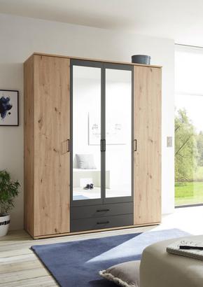 Mit zwei Spiegel und zwei Schubladen Viertüriger Kleiderschrank in Eiche Dekor und Anthrazit mit Spiegel